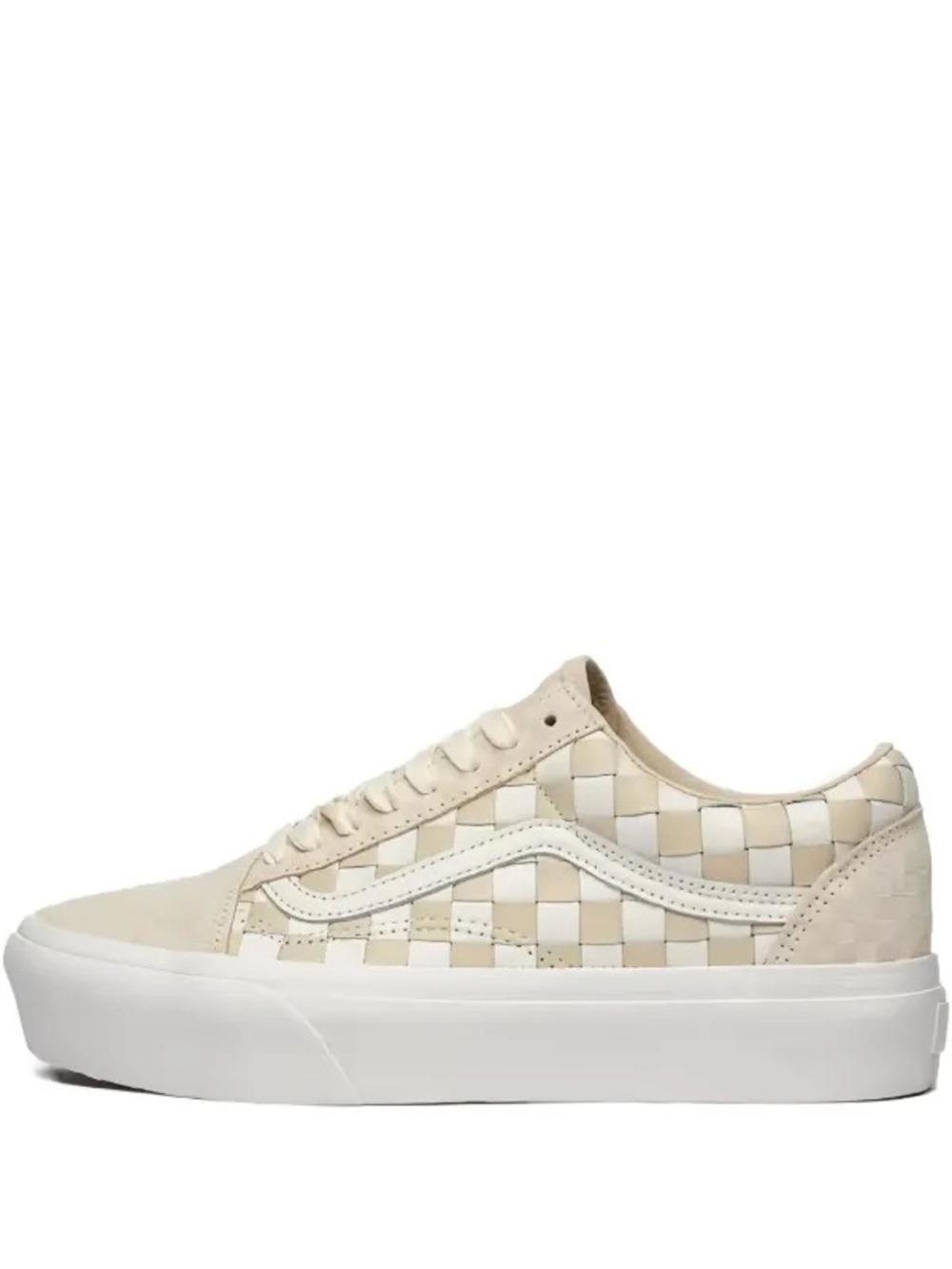 Vans Old Skool Platform Checkerboard Woven Lace Up Beige White Sneakers Shoes 8